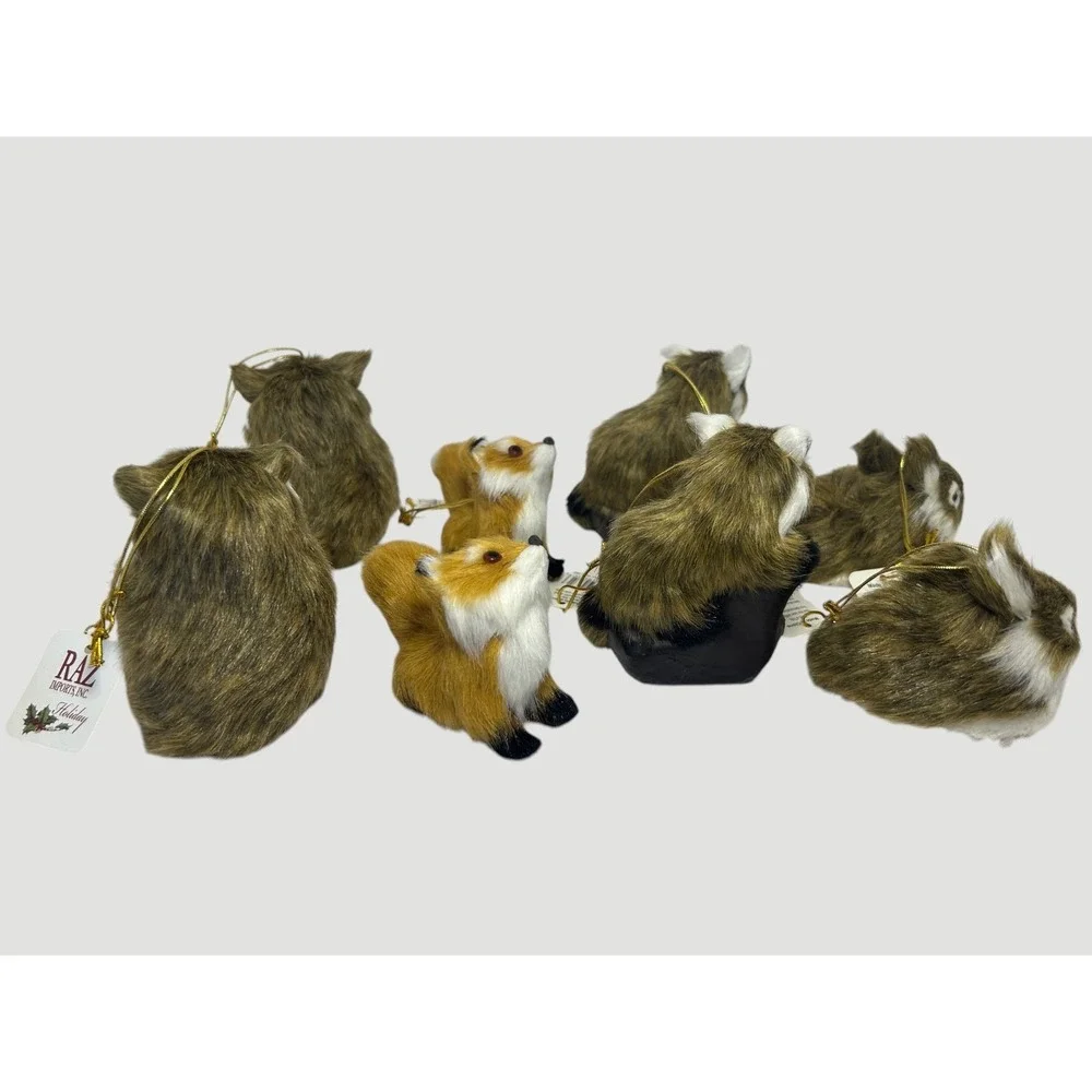 Furry Brown and White Fox Ornaments Raz Imports Christmas Raccoon Bunny Owl Faux